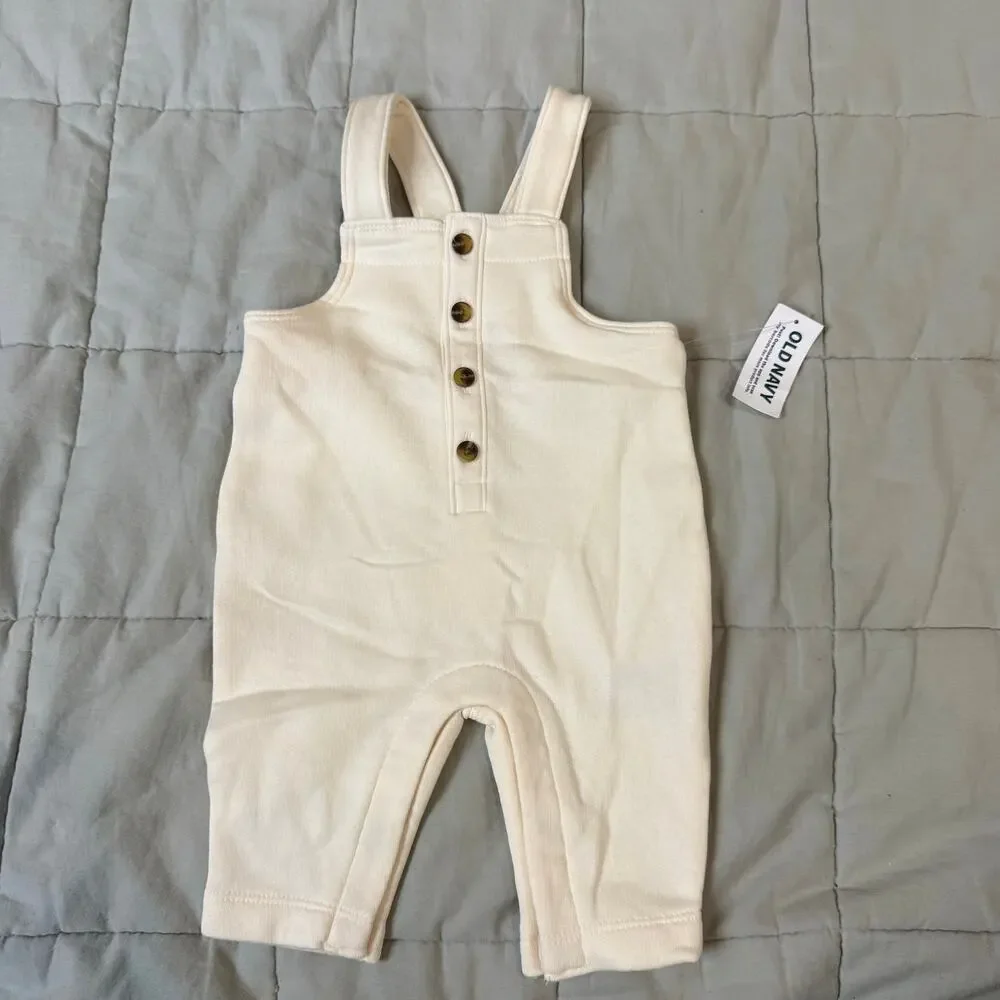 NWT Old Navy Fleece Overalls Soft Romper Baby Boy Girl 0-3 Months Cream Ivory